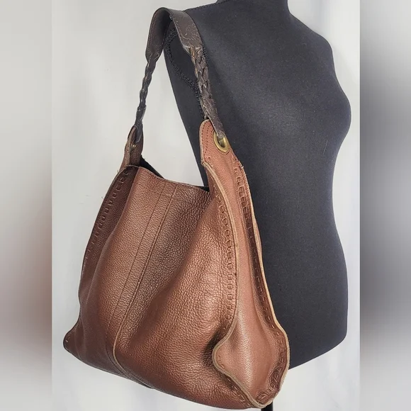 Lucky Brand Brown Pebbled Leather Hobo Bag Braided Strap Slouchy Shoulder Purse - Picture 3 of 12